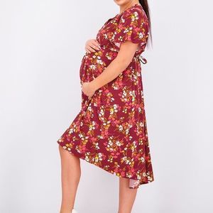 NWT Isabel Maternity Flutter Sleeve Midi Dress Floral Burgundy 
